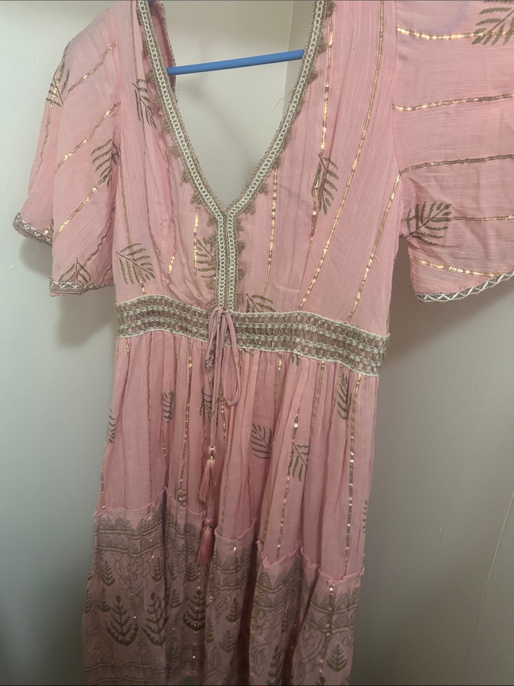 Pink Gold Accent V-Neck Midi Embroidered Dress